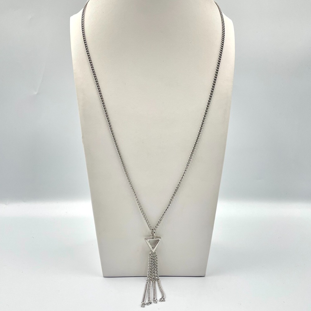 Vintage Y2K Silver Tone Open Triangle Tassel Drop Curb Chain Necklace Minimalist